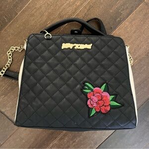 Betsey Johnson Black Quilted Bag with Red Floral Accent